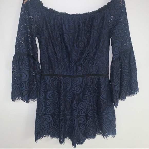 Freda Marie Lace Romper Off-The-Shoulder Navy Black Bell Sleeves Size  Medium‎ - Picture 3 of 11